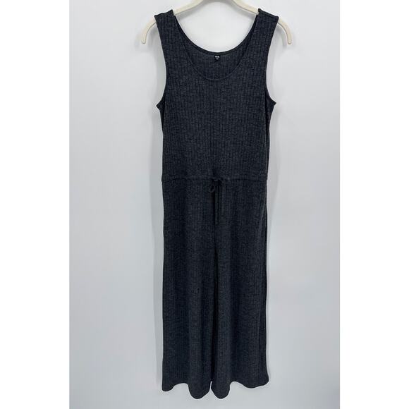 Uniqlo Soft Grey Ribbed Wide Leg Jumpsuit Sleeveless Drawstring Waist Size XS - Picture 3 of 8